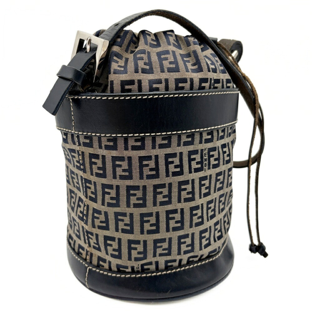 Fendi Zucca Shoulder Bag 16325, Canvas and Leather, Navy, Bucket Style
